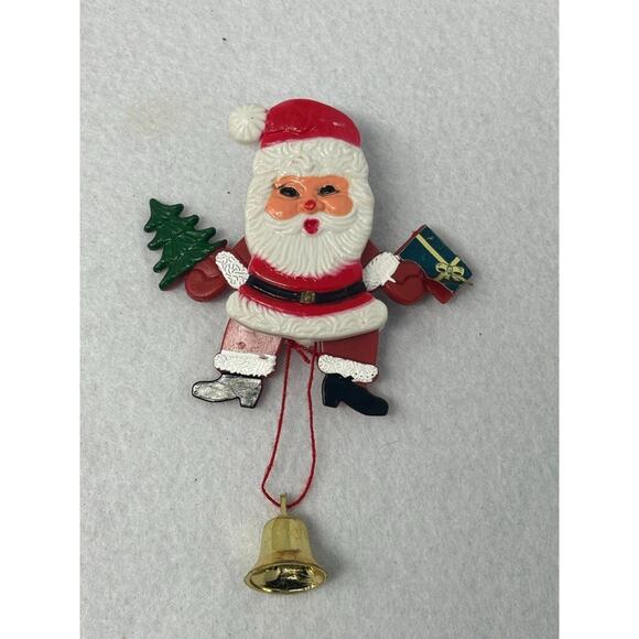 Vintage Plastic Santa Brooch Pin Pull String Arms Legs Move Hong Kong Christmas - Picture 2 of 3